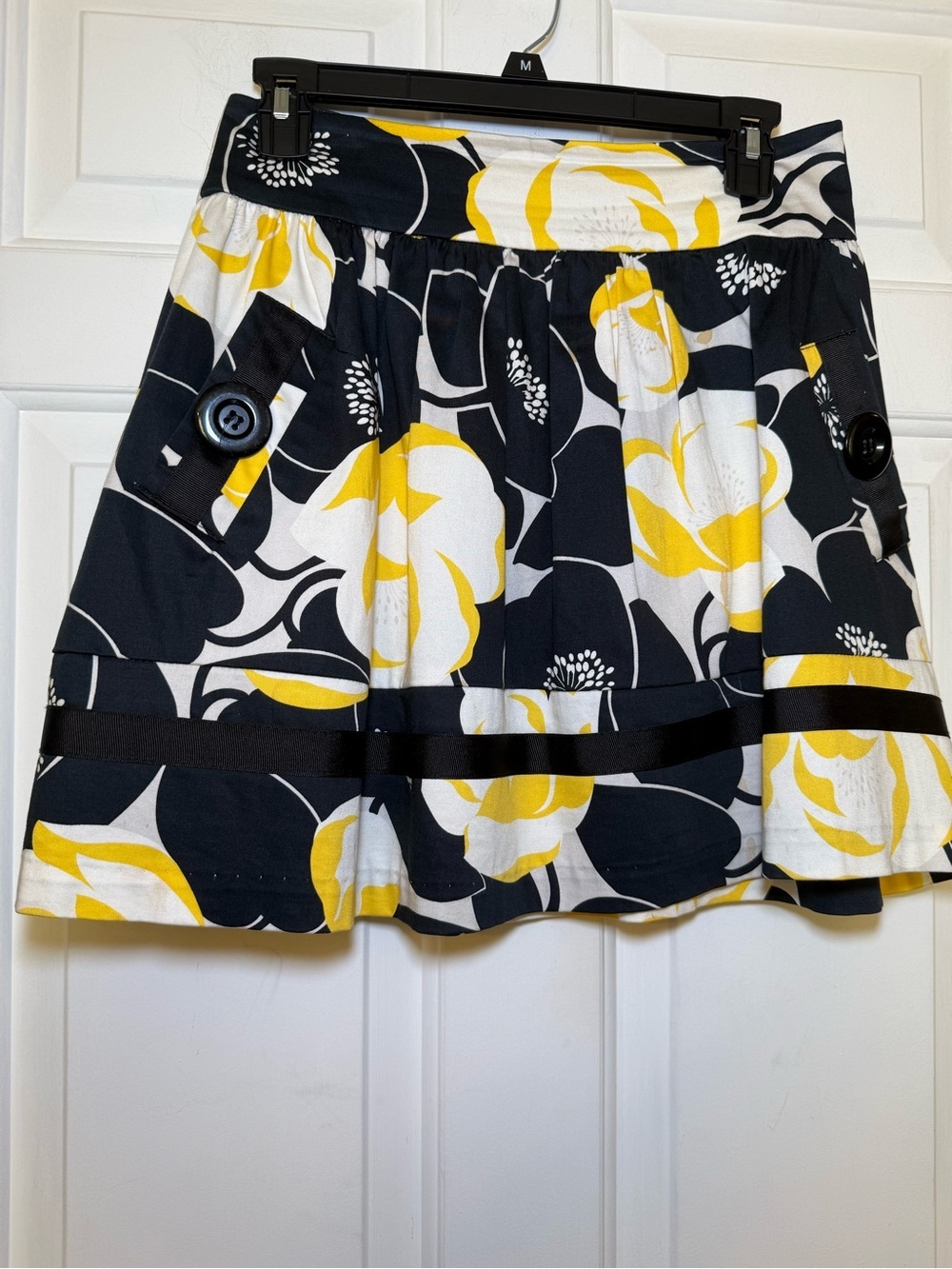 Necessary Objects Black & Yellow Floral Miniskirt XS Buttons Ribbon Vibrant Y2K